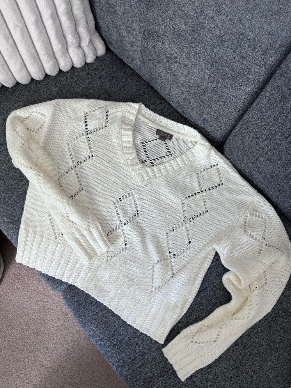 Cream Knit Sweater, open diamond pattern, size Small